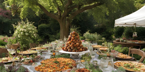 Een feesttafel vol kleurrijke gerechten in een plantentuin